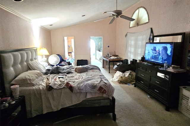 bedroom with carpet, lofted ceiling, and ceiling fan