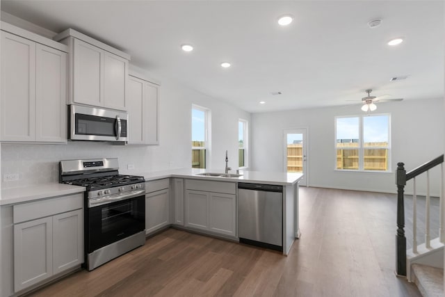 kitchen with sink, kitchen peninsula, appliances with stainless steel finishes, and dark wood-type flooring