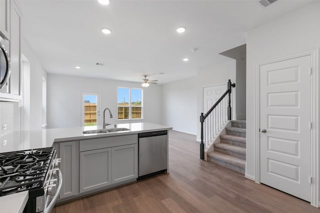 kitchen with gray cabinetry, stainless steel appliances, ceiling fan, dark hardwood / wood-style flooring, and sink