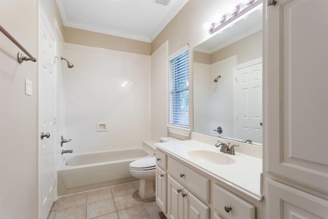 full bathroom with visible vents, toilet, tile patterned flooring, vanity, and shower / washtub combination