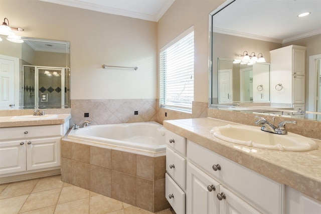 full bathroom with ornamental molding, tile patterned flooring, a sink, and a shower stall