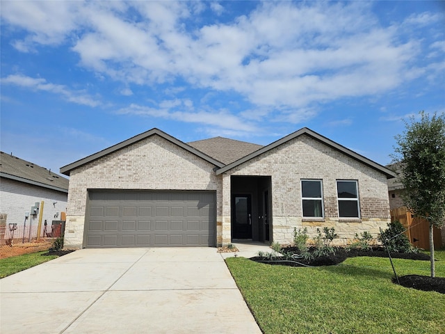 1203 Shady Pines Dr, Beasley, TX 77417 - ranch-style house with driveway, an attached garage, fence, and a front lawn