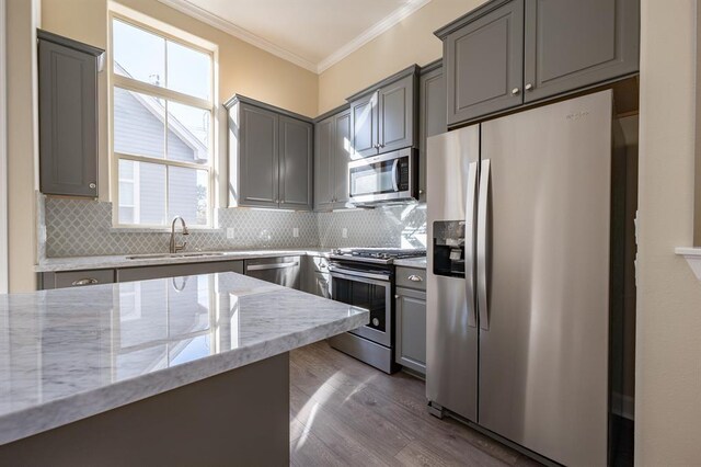 kitchen featuring appliances with stainless steel finishes, sink, dark wood-type flooring, and light stone countertops