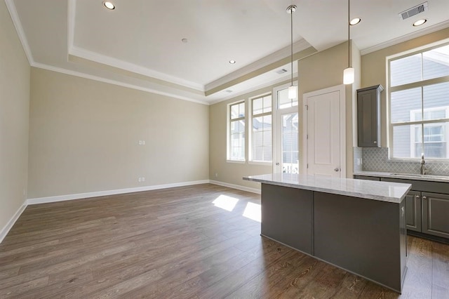 kitchen with a center island, sink, dark hardwood / wood-style flooring, decorative backsplash, and a raised ceiling