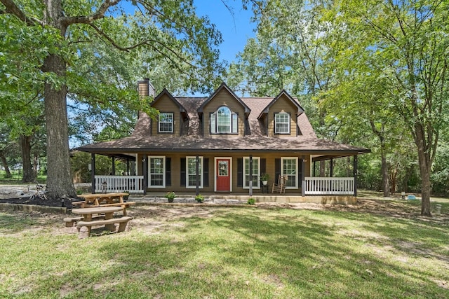 farmhouse featuring a front yard and a porch