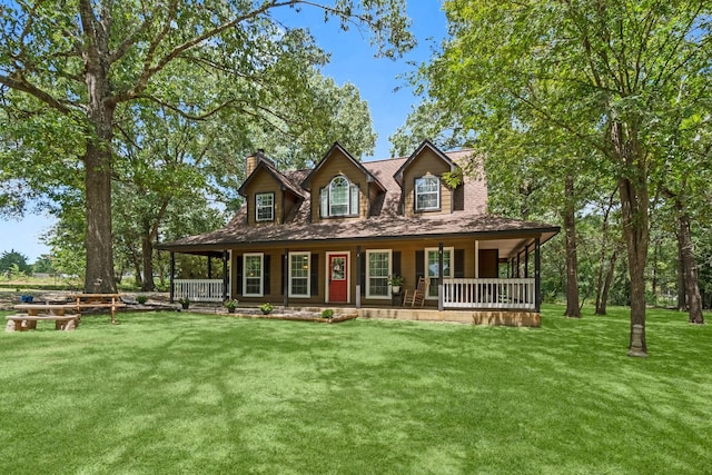 view of front of house featuring covered porch and a front lawn