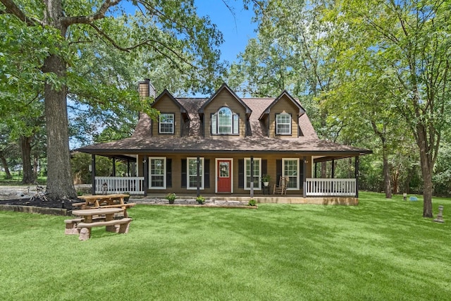 view of front of home with covered porch and a front lawn