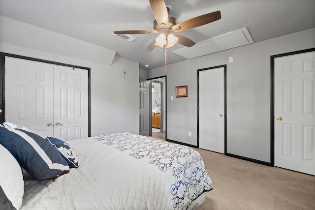 carpeted bedroom featuring ceiling fan