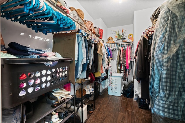 walk in closet with lofted ceiling and wood-type flooring