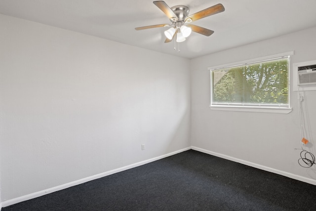 carpeted empty room with ceiling fan and an AC wall unit