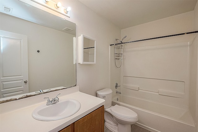 full bathroom with toilet, vanity, and shower / bathing tub combination