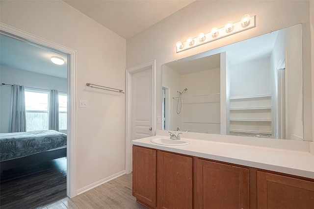 bathroom with hardwood / wood-style flooring and vanity