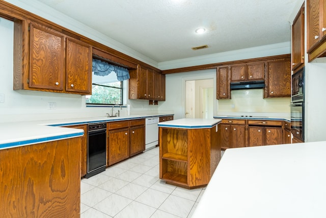 kitchen featuring ornamental molding, sink, black appliances, light tile patterned floors, and beverage cooler