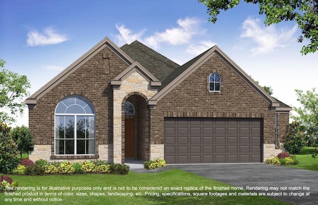 view of front of house with driveway, stone siding, a front yard, and brick siding