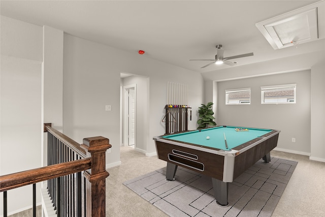 rec room featuring ceiling fan, light colored carpet, and billiards