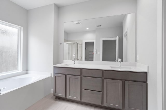 bathroom with vanity and shower with separate bathtub