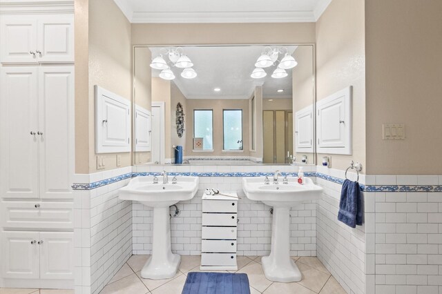 bathroom with tile walls, crown molding, decorative backsplash, and tile patterned floors