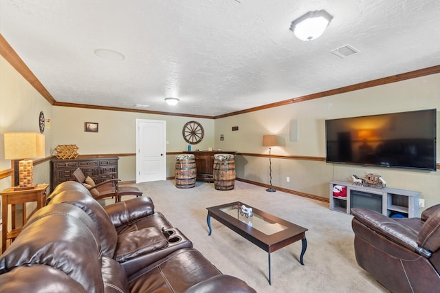 living room featuring crown molding, a textured ceiling, and light carpet