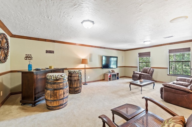 carpeted living room featuring a textured ceiling and ornamental molding