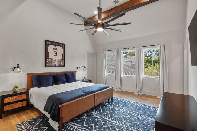 bedroom featuring ceiling fan, high vaulted ceiling, wood-type flooring, and beamed ceiling