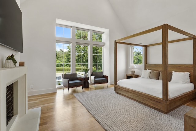 bedroom featuring light hardwood / wood-style flooring and high vaulted ceiling