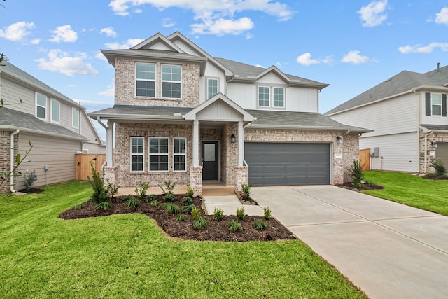 craftsman-style home featuring a garage, concrete driveway, a porch, board and batten siding, and a front yard