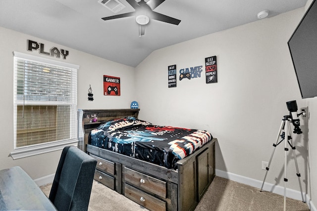 carpeted bedroom featuring ceiling fan and lofted ceiling