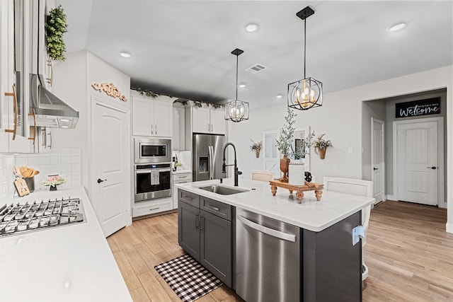 kitchen featuring stainless steel appliances, light hardwood / wood-style flooring, decorative backsplash, an island with sink, and white cabinets