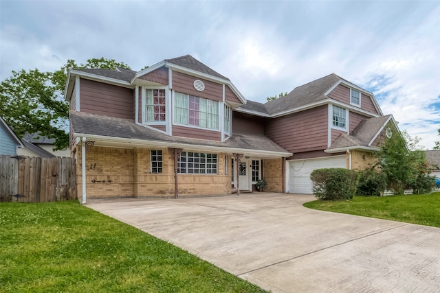 view of front of property featuring a front lawn and a garage