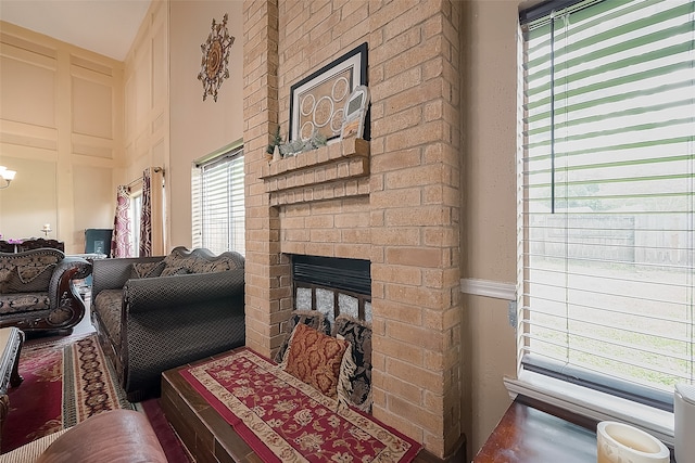 living room with a fireplace