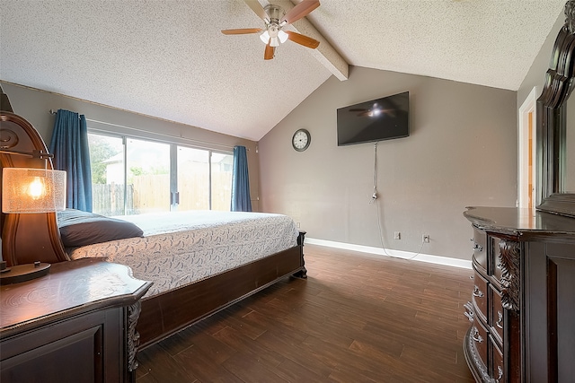 bedroom featuring ceiling fan, a textured ceiling, vaulted ceiling with beams, and wood-type flooring