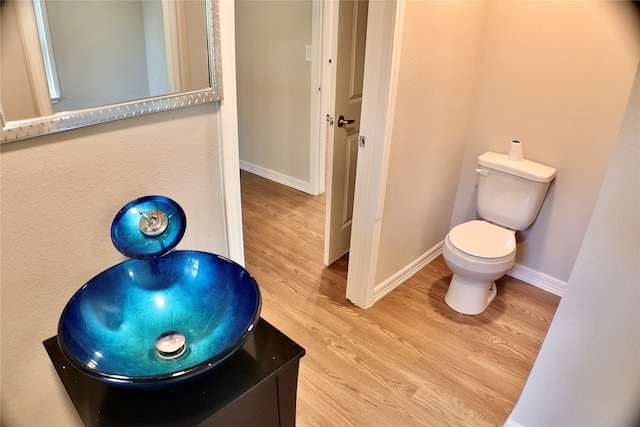 bathroom with vanity, toilet, and hardwood / wood-style flooring