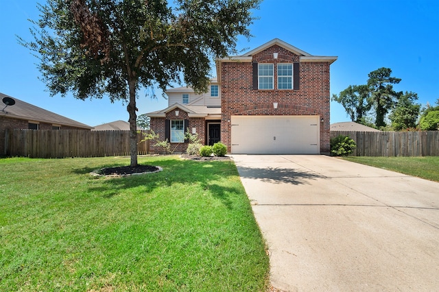 view of property featuring a garage and a front yard