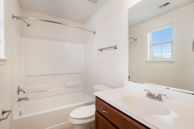 bathroom featuring shower / bath combination, visible vents, vanity, and toilet