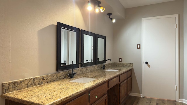 bathroom with double vanity and wood-type flooring