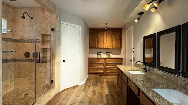 interior space featuring wood-type flooring, dual bowl vanity, and a shower with door