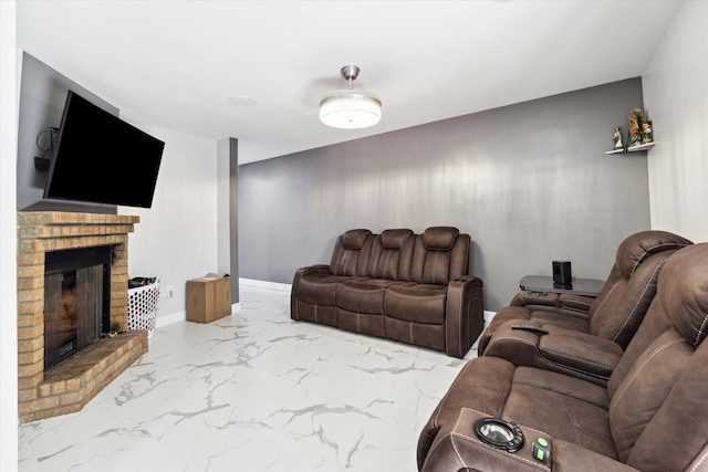 tiled living room with a fireplace