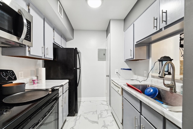 kitchen with electric range, gray cabinets, dishwasher, sink, and light tile patterned flooring