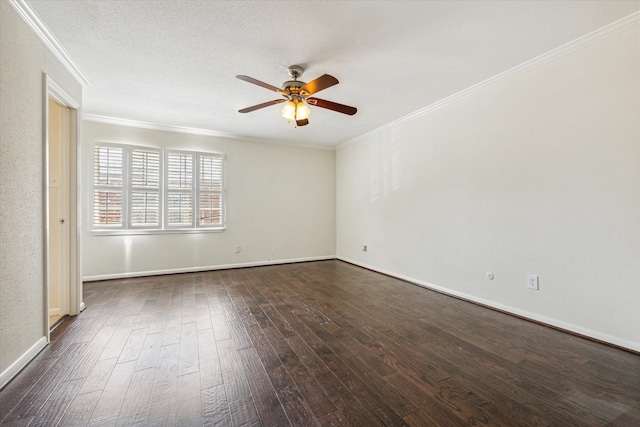 empty room with ceiling fan, dark hardwood / wood-style floors, a textured ceiling, and crown molding