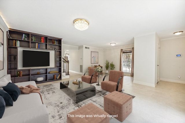 living room with ornamental molding