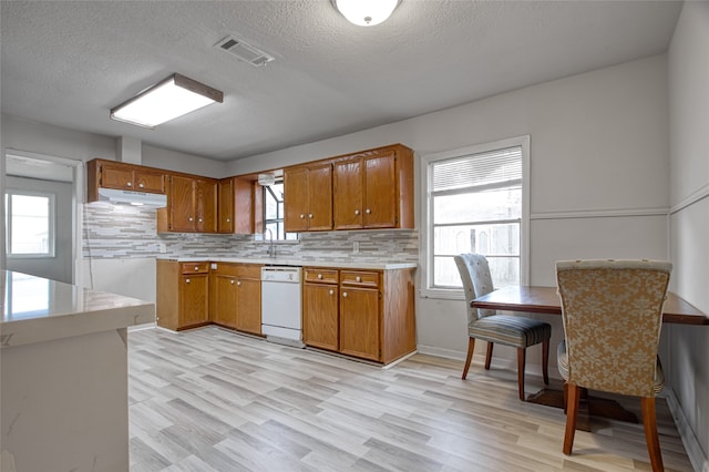 kitchen featuring decorative backsplash, plenty of natural light, light hardwood / wood-style floors, and white dishwasher