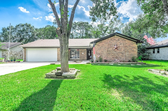 ranch-style house with a garage and a front yard