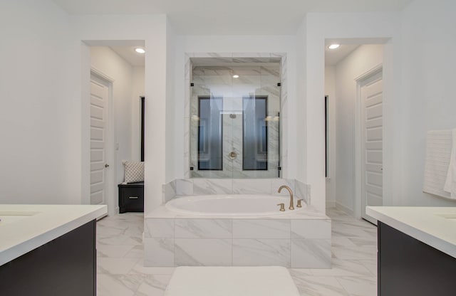 bathroom featuring tile patterned flooring, plus walk in shower, and vanity