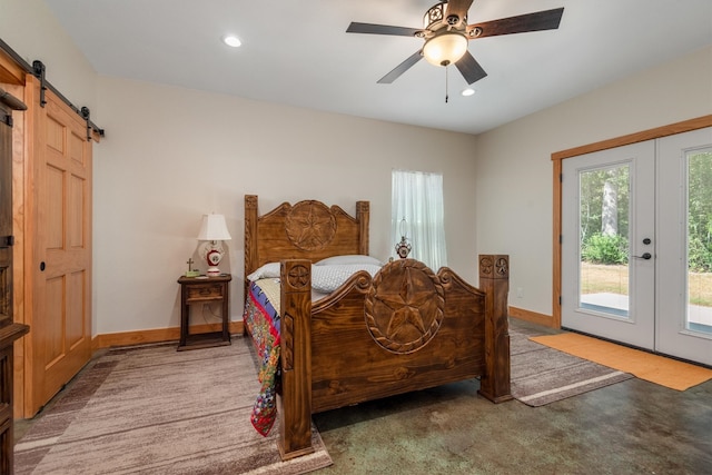 carpeted bedroom featuring access to outside, a barn door, ceiling fan, and french doors