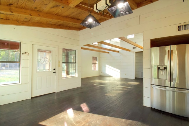 interior space with vaulted ceiling with beams, dark wood-type flooring, and wood ceiling