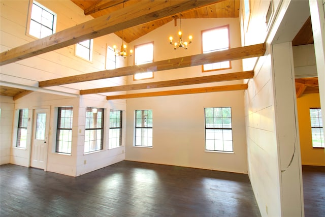 interior space featuring dark hardwood / wood-style flooring, beam ceiling, high vaulted ceiling, and a chandelier