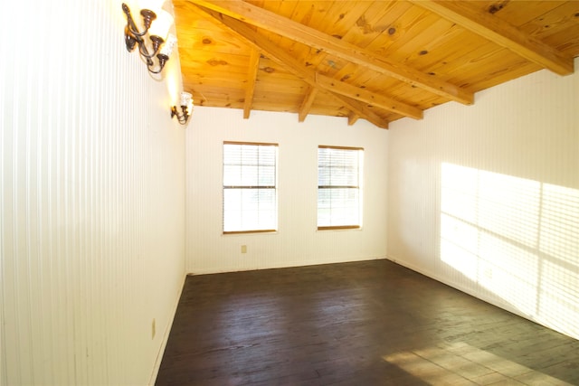 unfurnished room featuring wood ceiling, vaulted ceiling with beams, and wood-type flooring