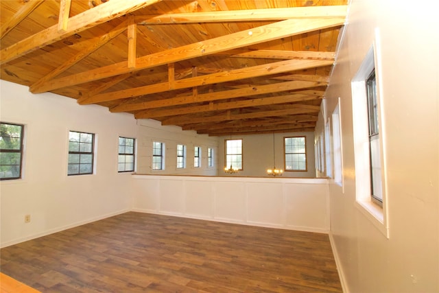 unfurnished room featuring hardwood / wood-style floors, lofted ceiling with beams, and wooden ceiling