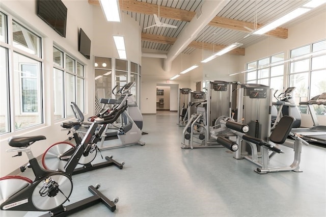 gym featuring a towering ceiling