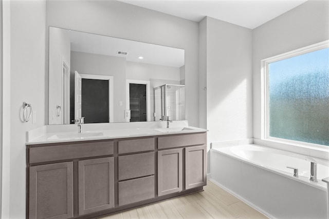 bathroom with vanity and separate shower and tub